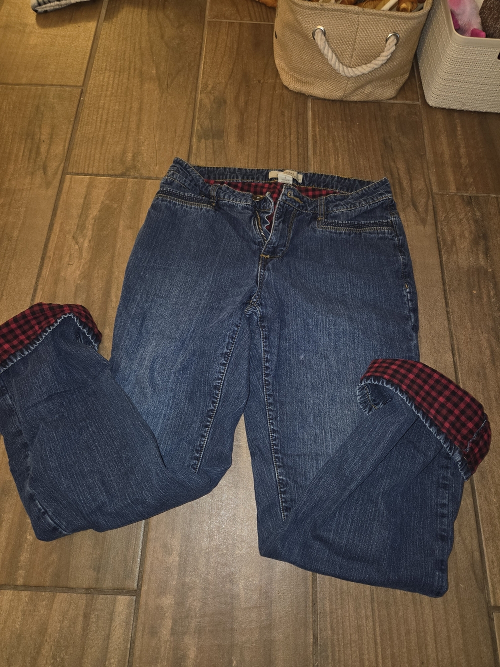 Natural Reflections Blue Boyfriend Jeans with Red Plaid Lining